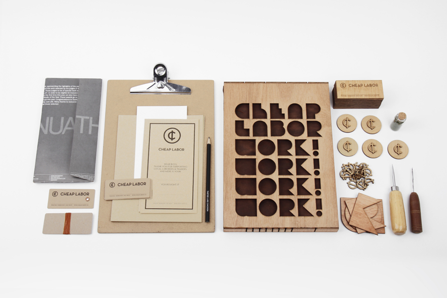 Logo and crafted wooden stationery designed by Sciencewerk for Cheap Labor