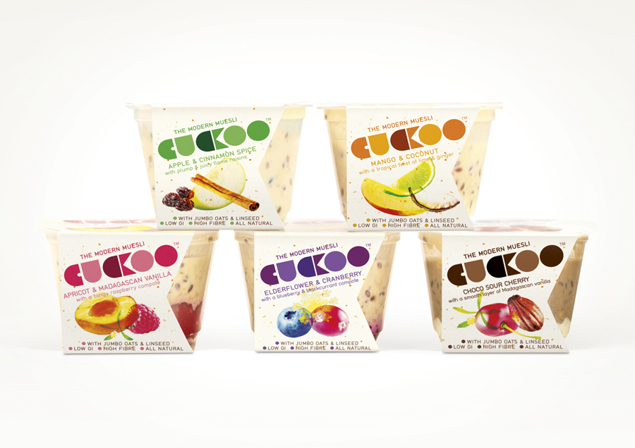 Packaging designed by B&B Studio for Cuckoo's wheat-free bircher muesli range