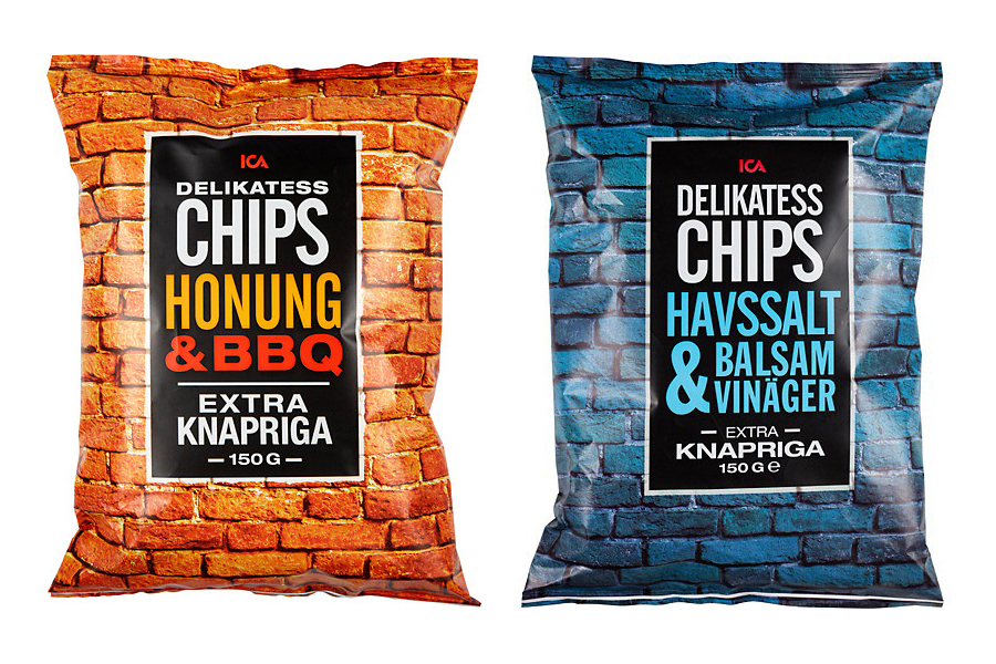 Packaging with tinted brick wall photographic detail designed by Silver for Swedish retailer ICA's new four flavour snack range Delikatess Chips