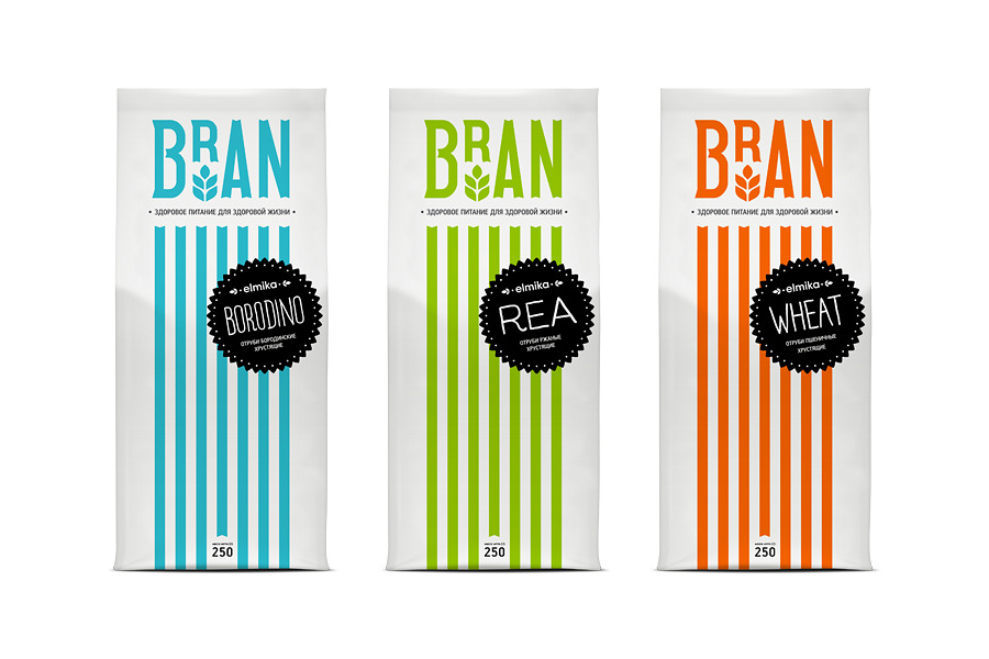 Packaging design by Hattomonkey for Elmika's range of Bran and Crisp wheat products