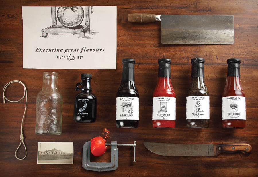 Packaging with etched illustrative detail for sauce and pickle brand F. Whitlock & Sons designed by Marx