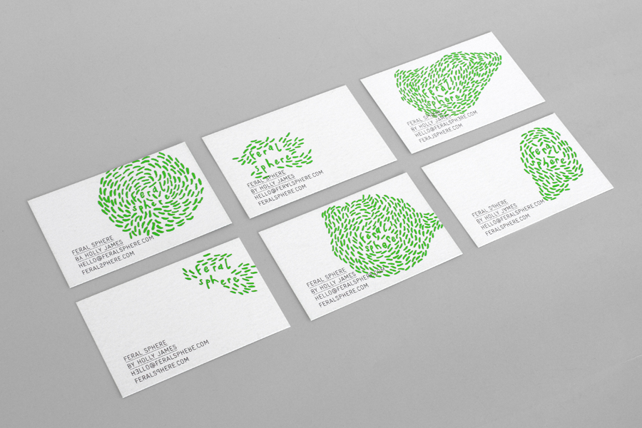 Logo and business card with a bright spot green print finish designed by Mind for fashion label Feral Sphere