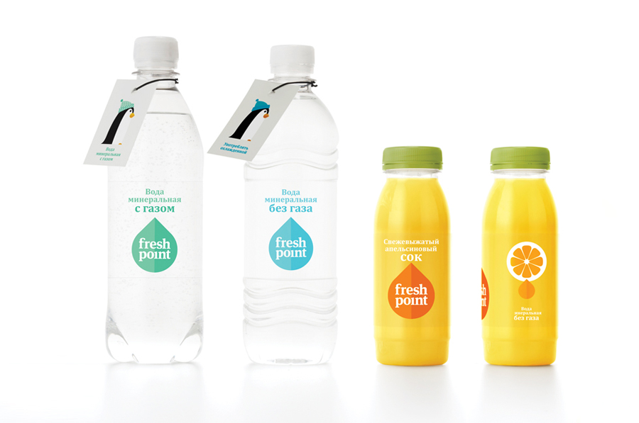 Logo and water packaging created by Designers Anonymous for Russian fast food cafe Fresh Point.