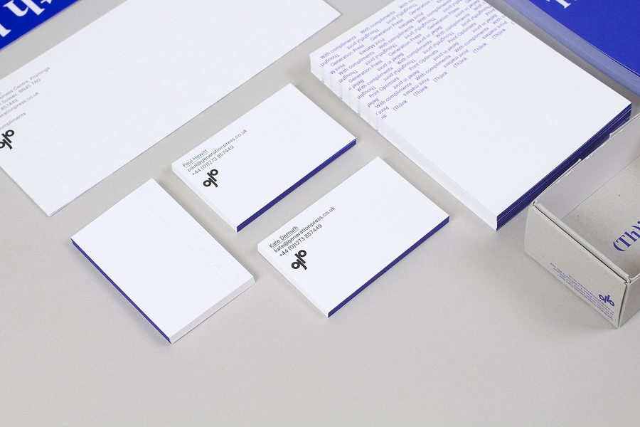 Stationery with blue edge painted detail for print production company Generation Press designed by Build