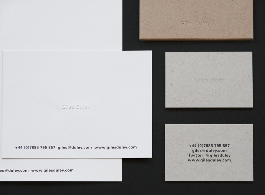 Stationery with blind emboss detail and uncoated boards for photographer Giles Duley designed by Shaz Madani