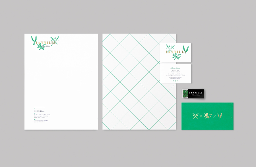 Logo and stationery with green ink stamp detail for Monterrey-based traditional Italian restaurant Iannilli designed by Savvy