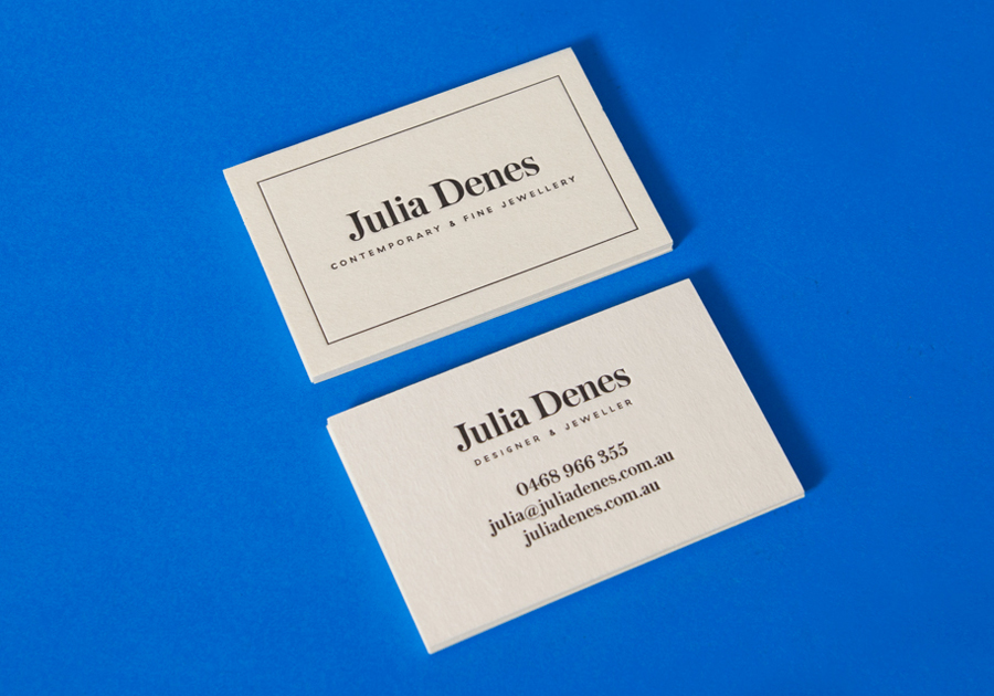 Logo and letterpress business card for contemporary handmade jewellery designer Julia Denes by Studio Sammut