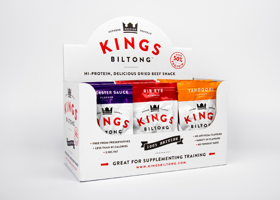 Packaging designed by Robot Food for snack and supplement range Kings Biltong