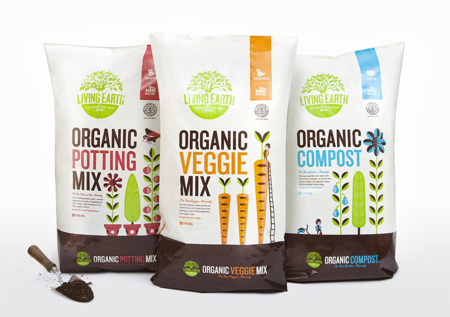 Packaging and illustration by Marx Design for organic compost Living Earth