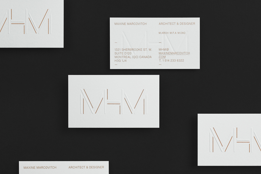  Logo and blind embossed business cards with metallic copper spot for MHM Architects by 26 Lettres