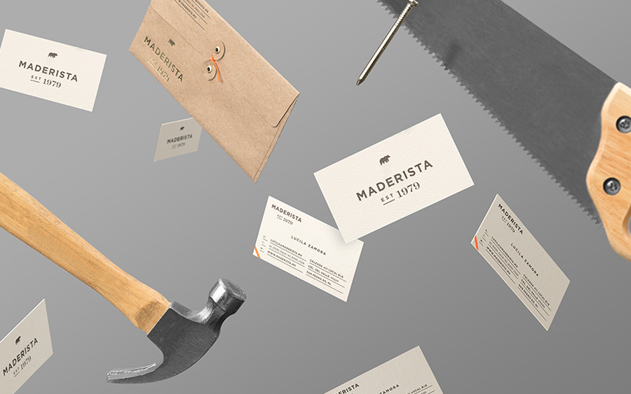 Logo and stationery with gold foil detail designed by Anagrama for San Pedro-based carpentry studio Maderista