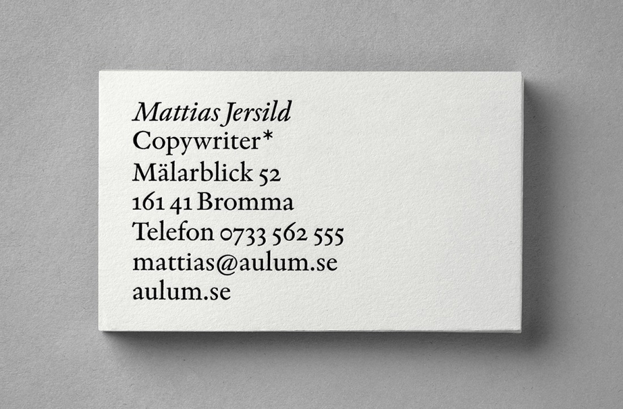 Logo and business card with an Indigo type-only design solution for Swedish copywriter Mattias Jersild created by BVD