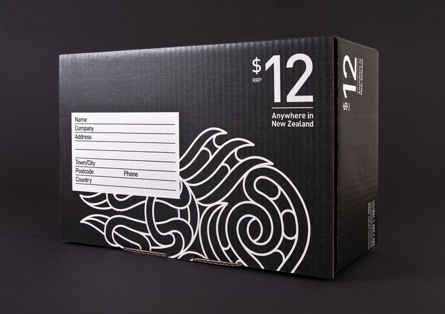 Packaging for New Zealand Post's Simplified Sending service designed by Designworks with contemporary illustrative detail from Maori artist Ngatai Taepa 
