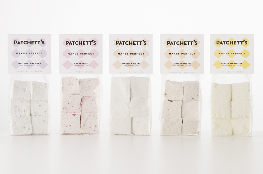 Packaging for gourmet confectioner Patchett's marshmallow range created by Designers Anonymous