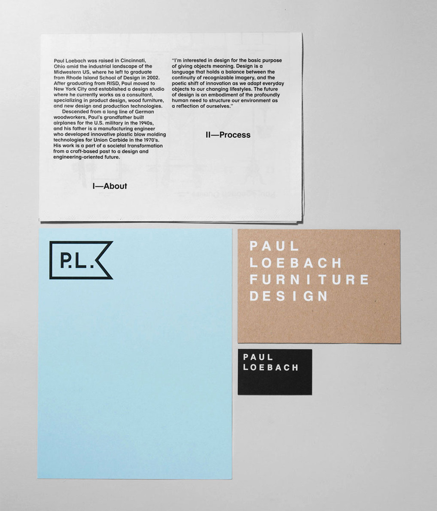 Logo, print and stationery with white ink detail for three dimensional designer Paul Loebach created by Studio Lin