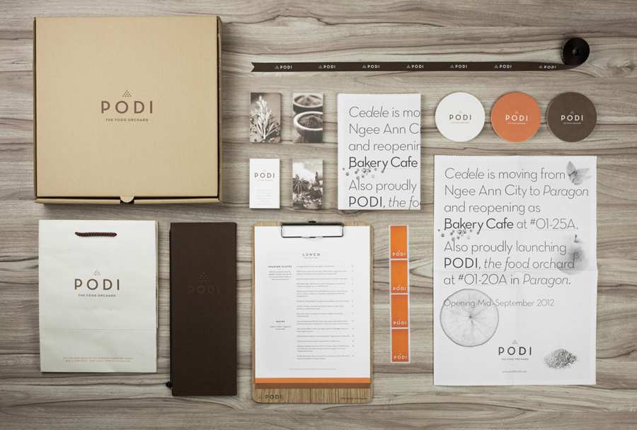 Logotype, menus, coasters, stickers and stationery designed by Bravo Company for Singapore-based organic restaurant Podi