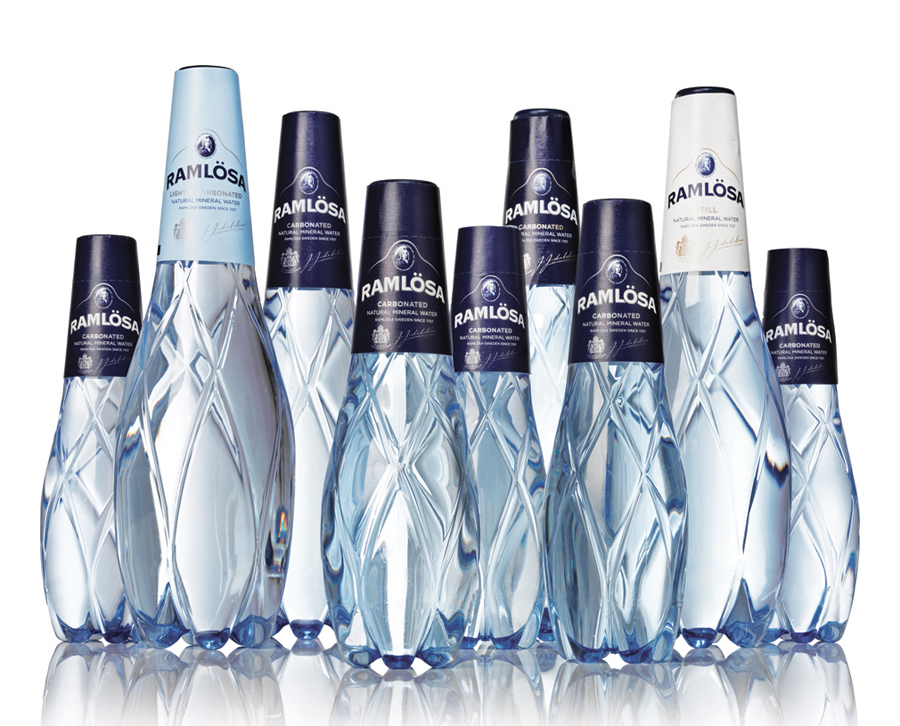Packaging with a cut glass-like plastic structural design created by Nine for premium restaurant mineral water Ramlösa