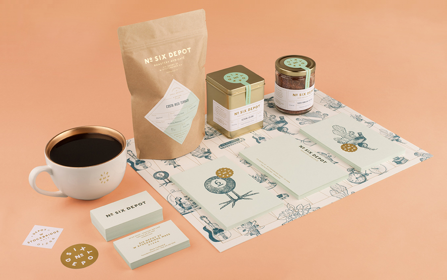 Packaging and stationery designed by Perky Bros for small-batch coffee roaster and café No. Six Depot