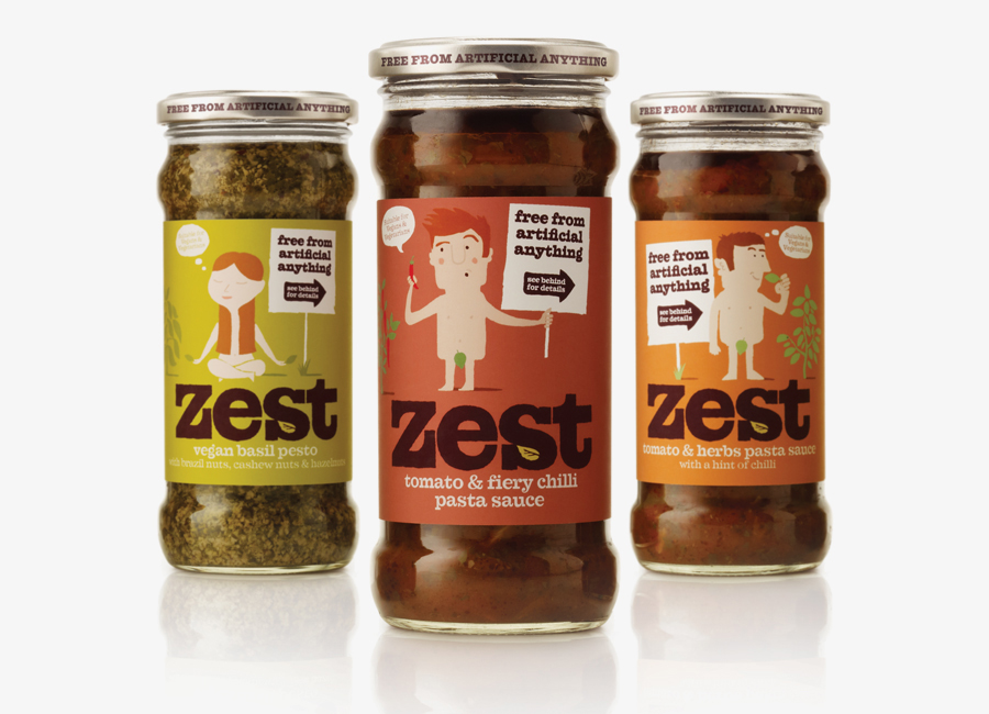 Packaging, illustration and logotype design for pasta sauce and pestos brand Zest by Designers Anonymous
