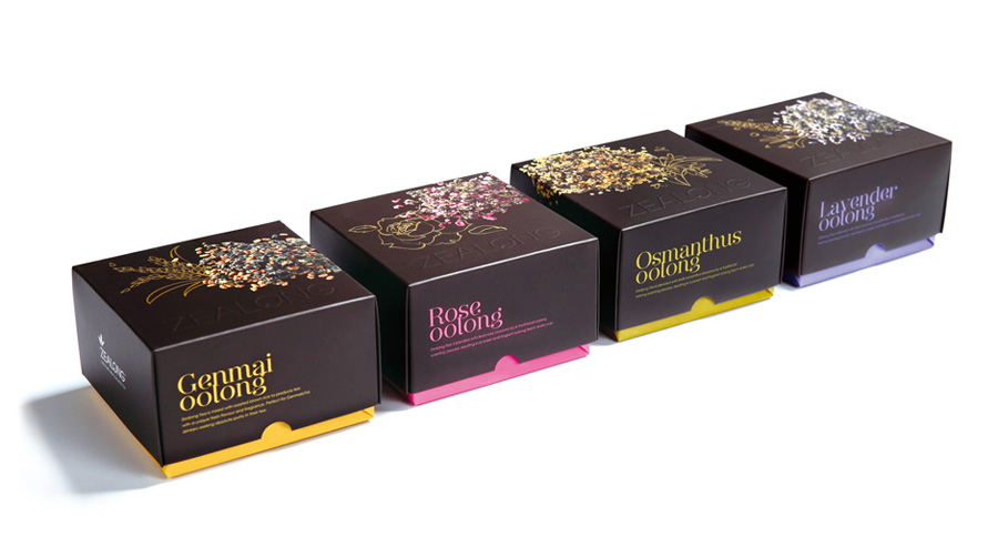 Packaging with UV varnish and blind emboss detail created by Victor Design for Zealong's oolong tea range 