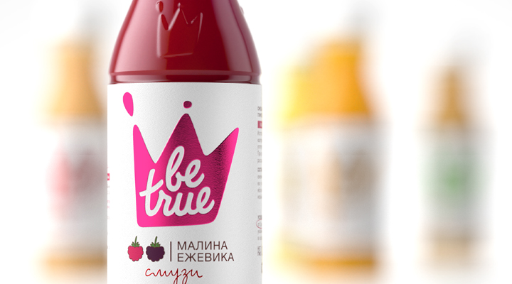 Packaging with coloured foil and raised surface details designed by Studio In for Russian smoothie brand Be True