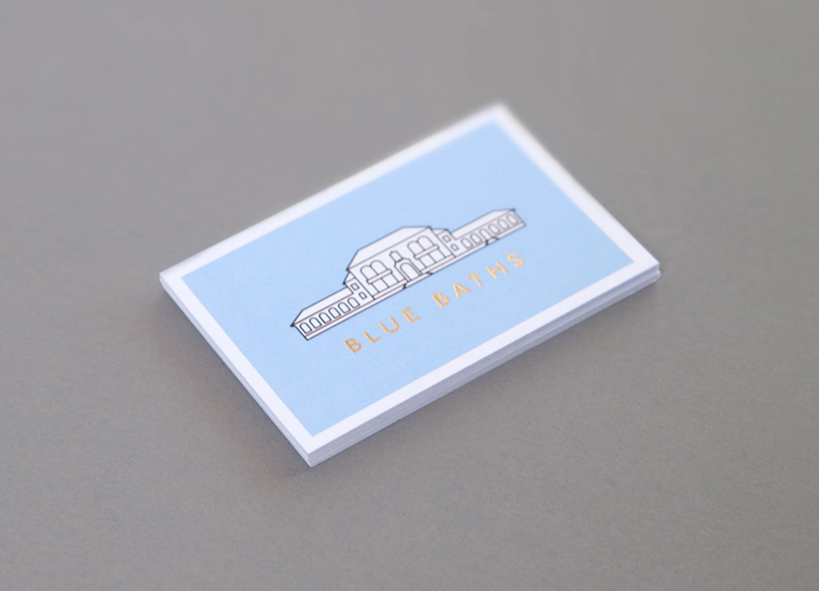 Business cards with gold foil detail designed by Ryan Romanes for Blue Baths