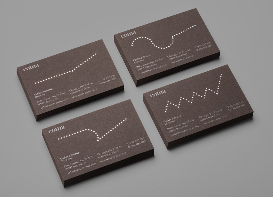 Logo and business card with brown board and silver foil detail designed by Mucho for Spanish leadership consultancy Coma