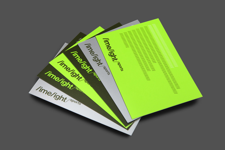 Business cards with neon ink detail for Limelight Sports designed by Studio Blackburn
