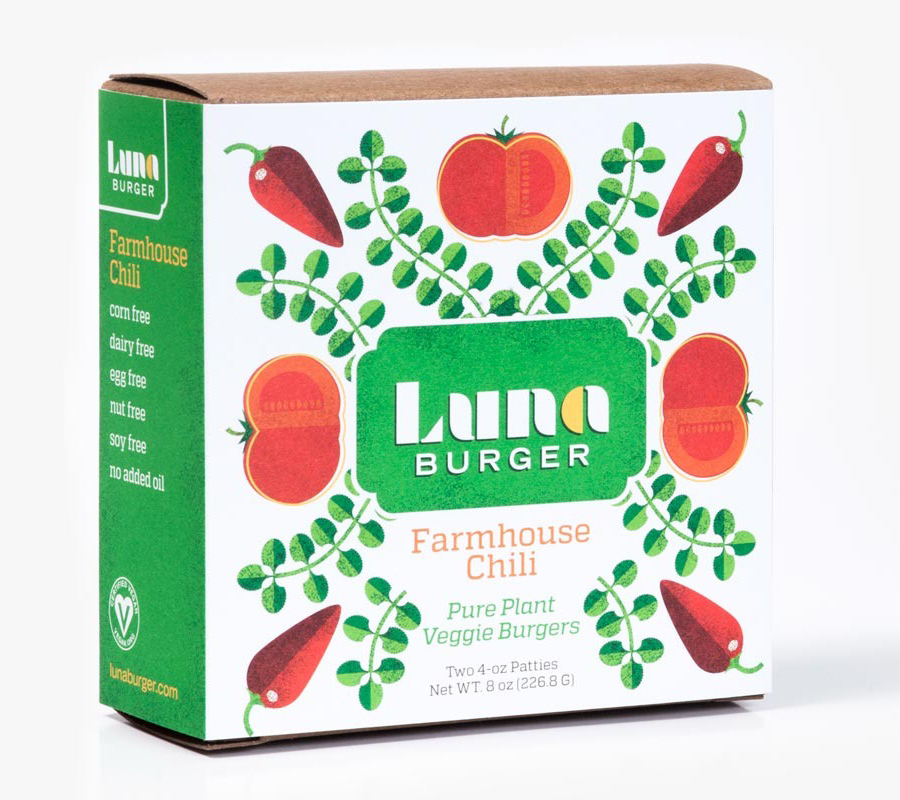 Packaging with illustrative detail for organic veggie and vegan burger range Luna Burger created by Slagle Design