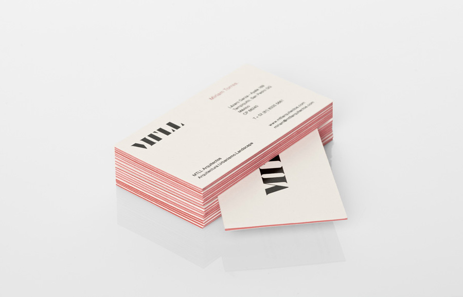 Logo and business card with red edge painted detail designed by Anagrama for architecture and landscaping firm MTLL