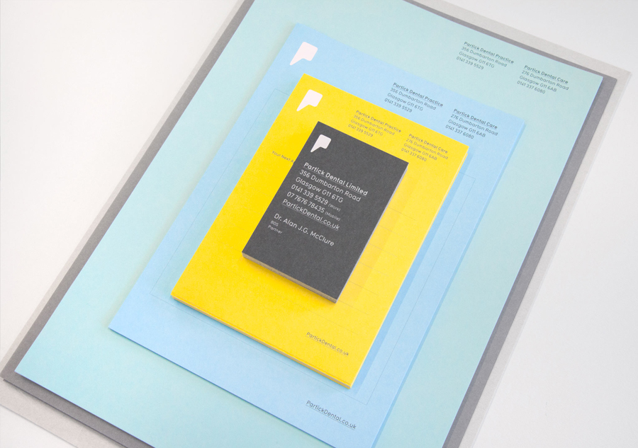 Logo and stationery with coloured paper detail designed by Freytag Anderson for Partick Dental featured on BPO