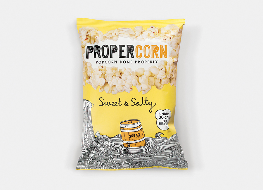 Propercorn packaging 2014 designed by B&B Studio featuring illustrative work by Zoe More O'Ferrall