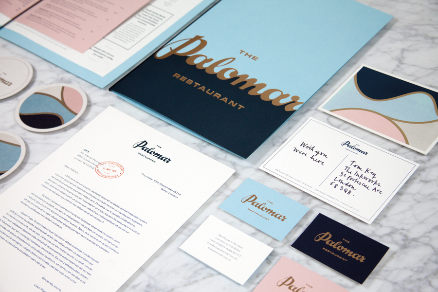 Logotype and print with gold foil detail designed by Here for Soho restaurant The Palomar