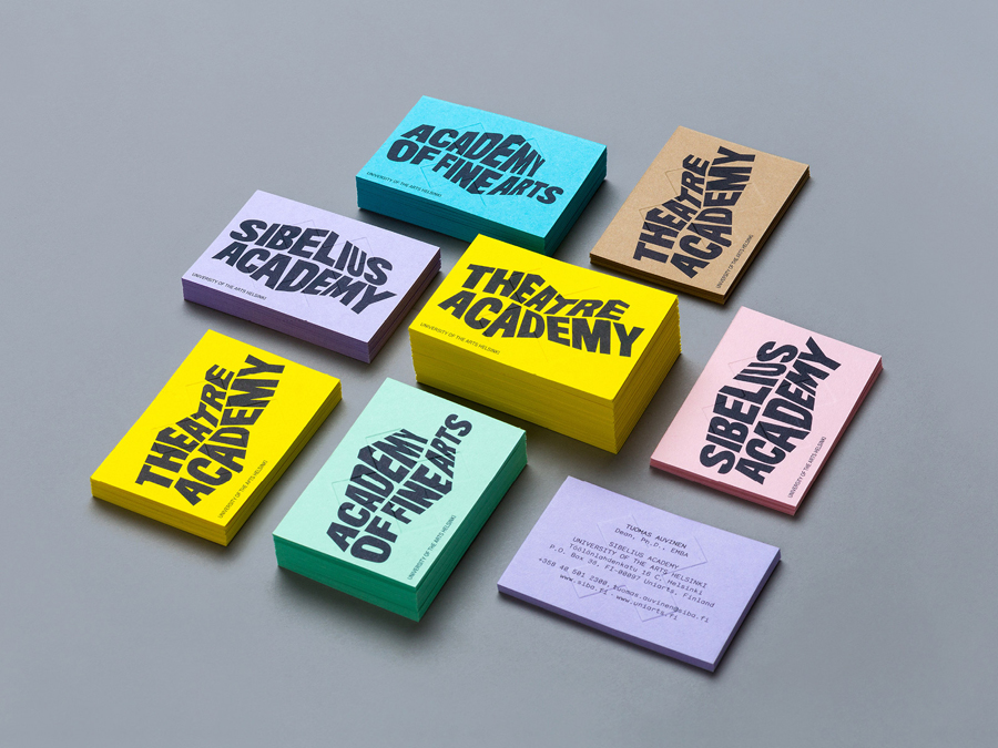 Logo and coloured board business cards designed by Bond for the University of the Arts Helsinki