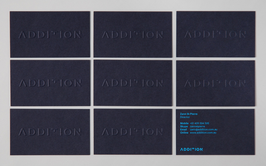 Logo and embossed business card design by Thought Assembly for Addition