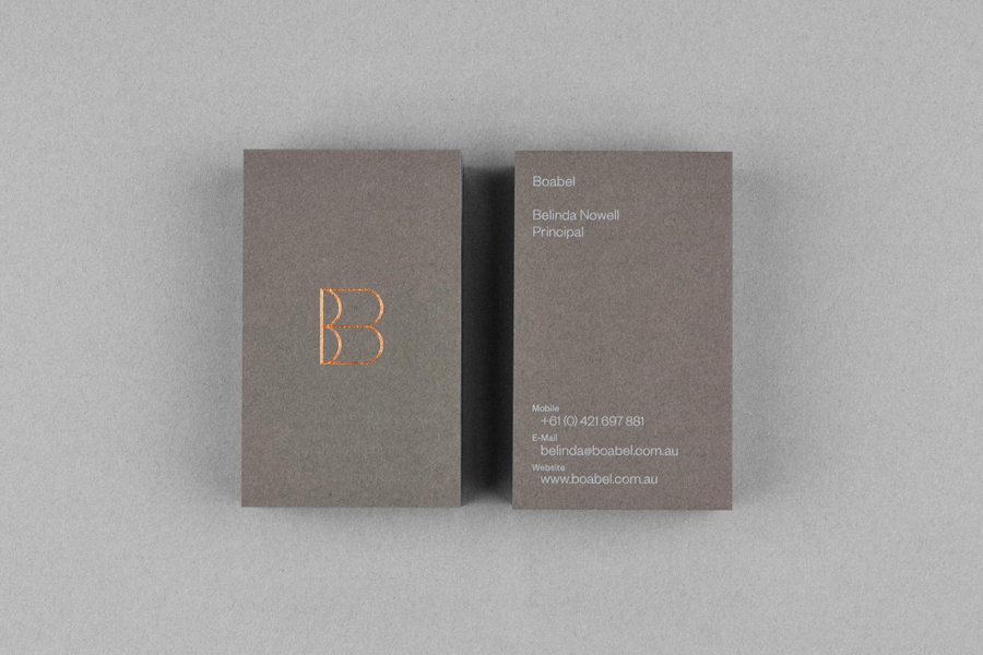 Logo and business card with a copper block foil detail for screenwriter Belinda Nowell's new publishing venture Boabel, designed by Maud