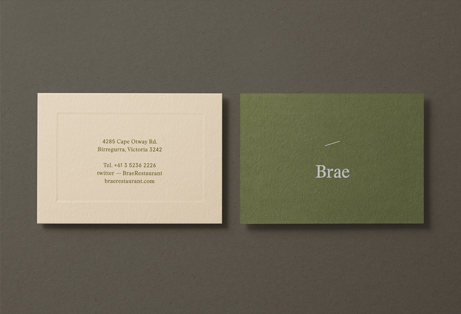 Logotype and business card with blind deboss detail designed by Studio Round for restaurant Brae