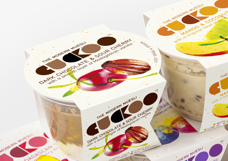 Packaging designed by B&B Studio for Cuckoo's wheat-free bircher muesli range