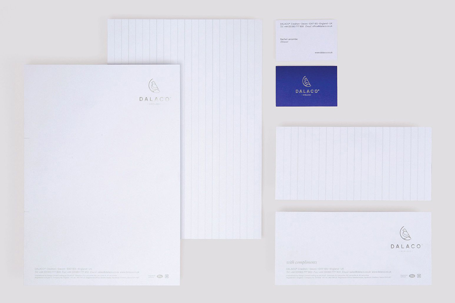 Logo and stationery with silver block foil detail designed by Believe In for Dalaco