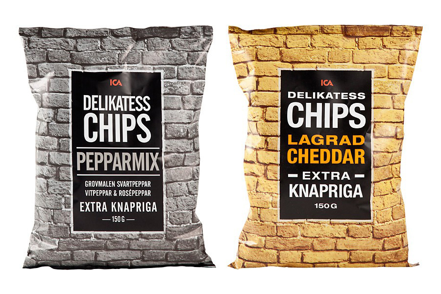 Packaging with tinted brick wall photographic detail designed by Silver for Swedish retailer ICA's new four flavour snack range Delikatess Chips