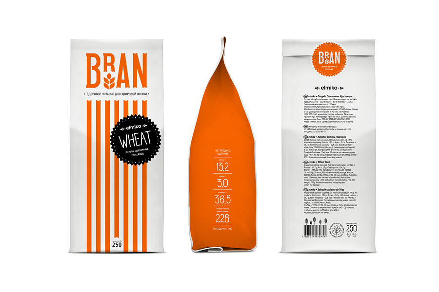 Packaging design by Hattomonkey for Elmika's range of Bran and Crisp wheat products