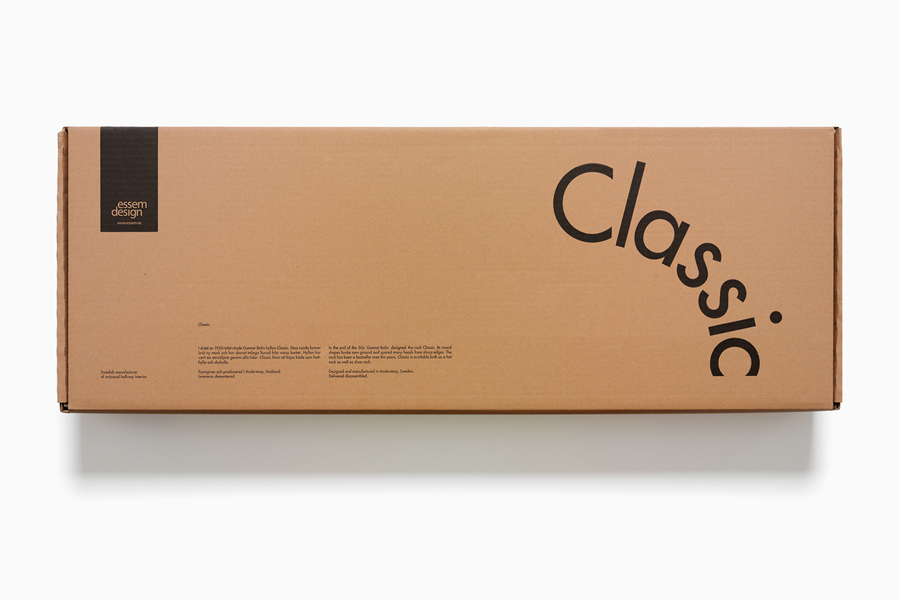 Packaging with black ink across an unbleached board designed by Bedow for Gunnar Bolin's Classic rack