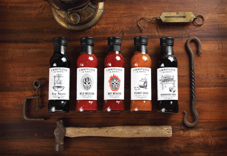 Packaging with etched illustrative detail for sauce and pickle brand F. Whitlock & Sons designed by Marx