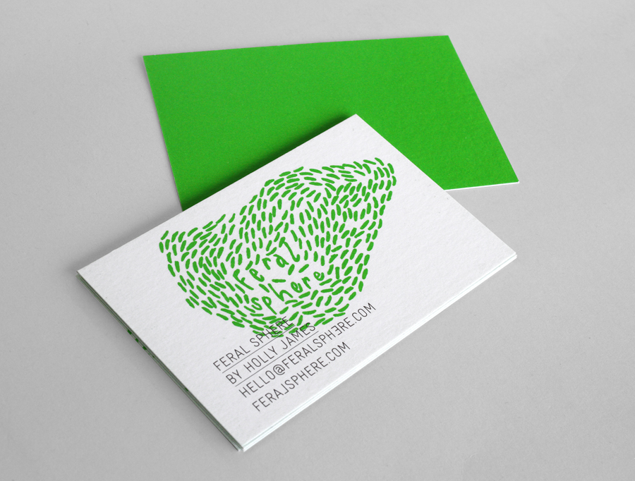 Logo and business card with a bright spot green print finish designed by Mind for fashion label Feral Sphere