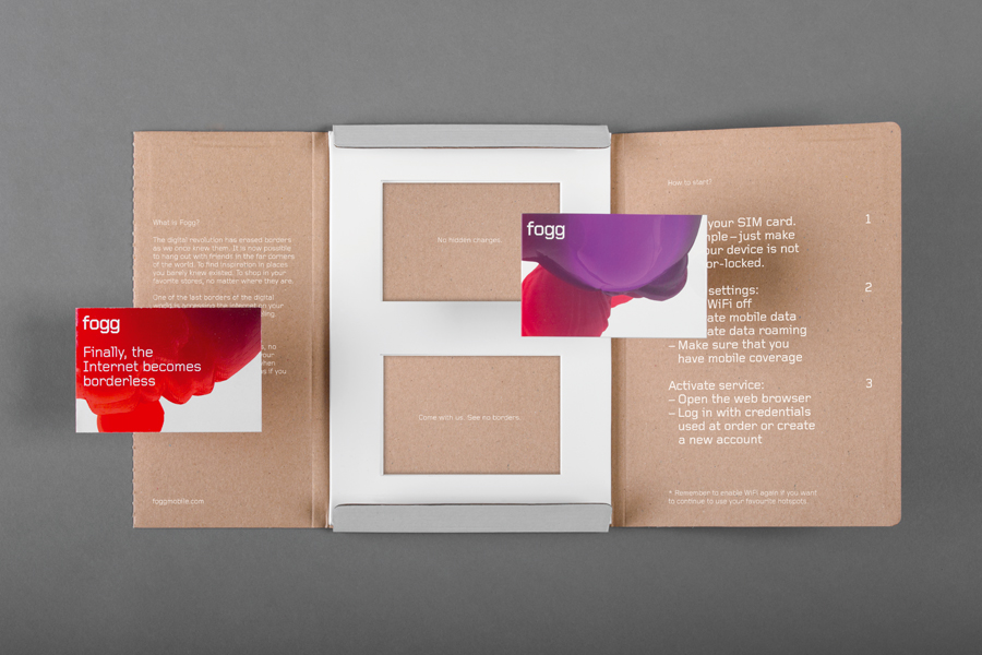 Brand identity and sim card packaging created by Kurppa Hosk and Bunch for international fixed cost mobile data traffic service Fogg