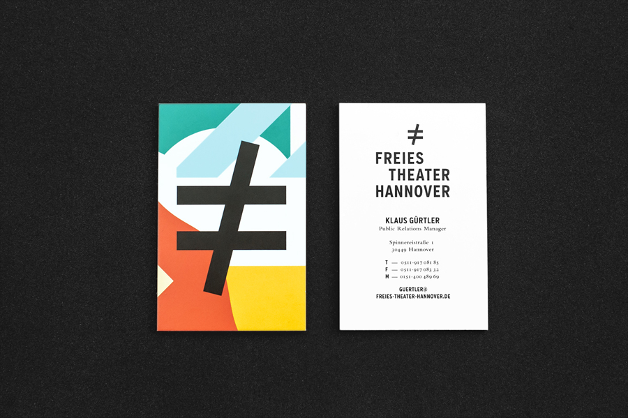 Business cards with bright geometric illustrative detail for Freies Theater Hannover by Bureau Hardy Seiler