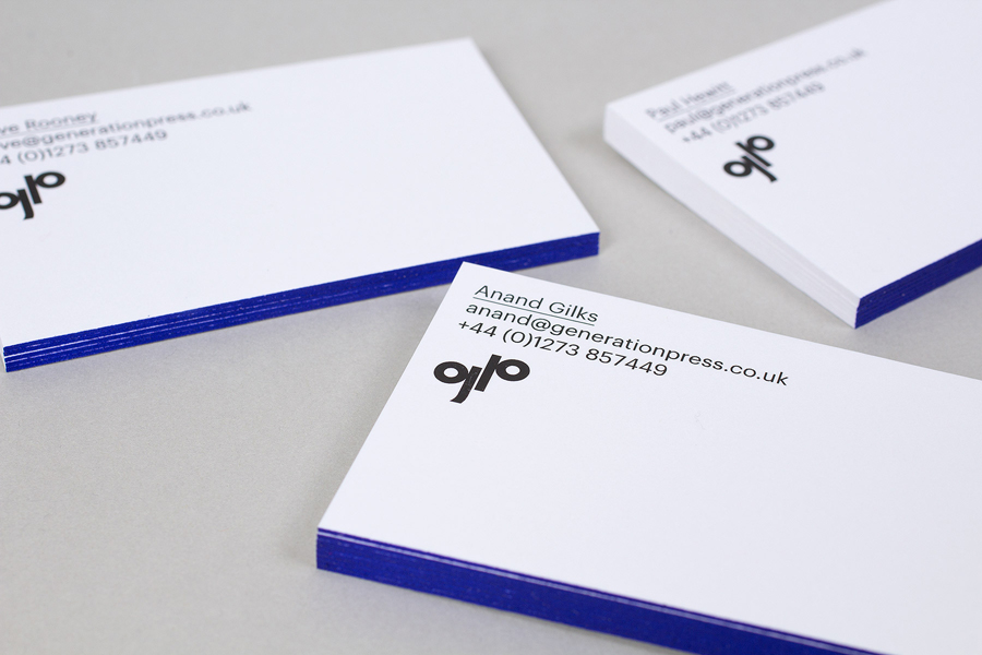 Business cards with blue edge painted detail for print production company Generation Press designed by Build