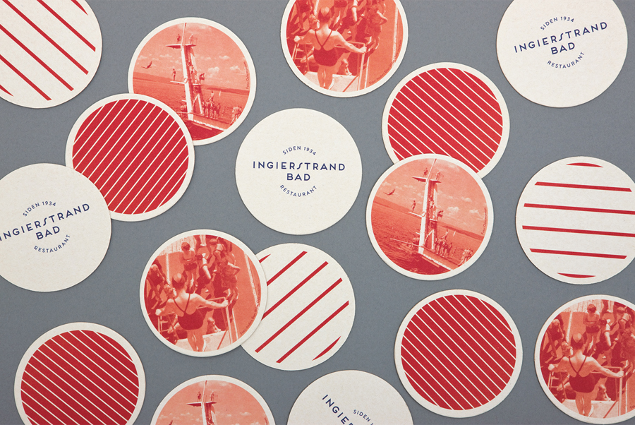 Logo and coasters with vintage tinted photography detail designed by Uniform for recently refurbished Norwegian restaurant Ingierstrand Bad