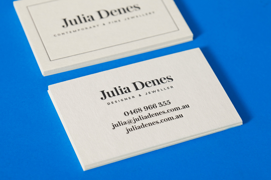 Logo and letterpress business card for contemporary handmade jewellery designer Julia Denes by Studio Sammut