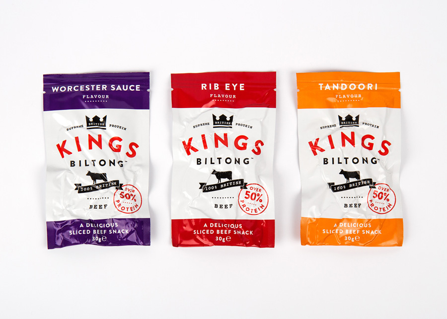 Packaging designed by Robot Food for snack and supplement range Kings Biltong